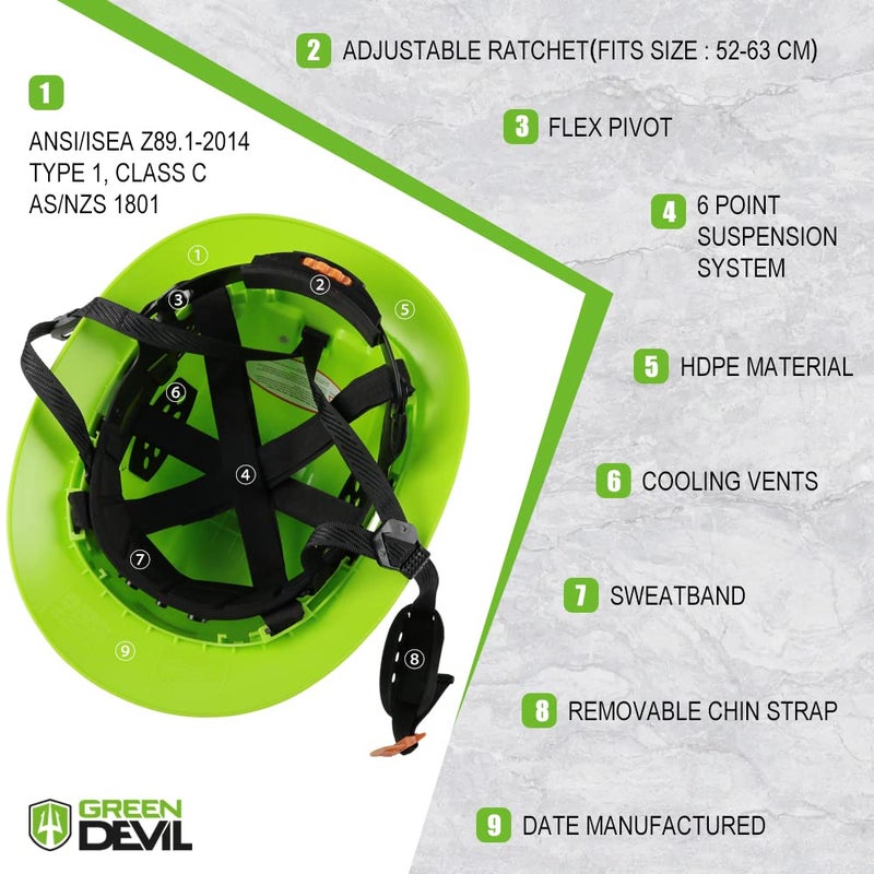 GREEN DEVIL خوذة أمان البناء ذات الحافة الكاملة ذات فتحات تهوية معتمدة من إدارة السلامة والصحة المهنية Cascos De Construccion قبعات عمل صلبة مع منشفة تبريد للرجال والنساء 6 نقاط تعليق بسقاطة قابلة للتعديل - Image 4